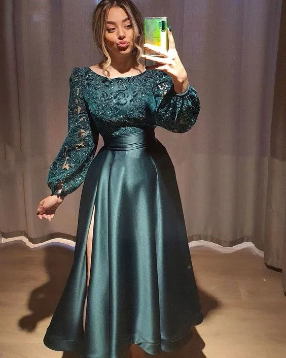 Green Satin Long Sleeves Prom Dresses Party Gowns Lace Evening Dress gh2756