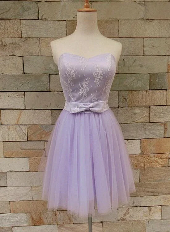 Beautiful Lavender Tulle And Lace Cute Party Dress, Sweetheart Party Dress With Bow gh412