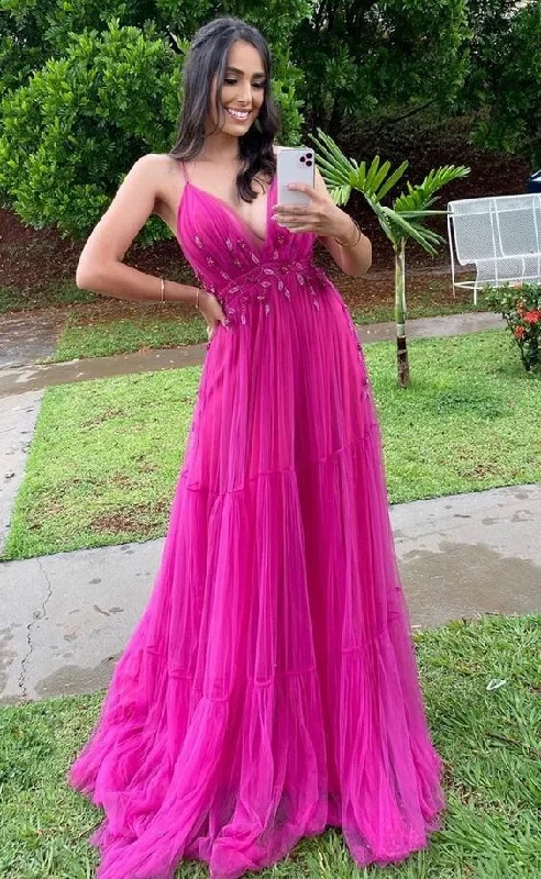 Spaghetti Straps V Neck A Line Prom Dress Tulle Evening Party Dress gh2826