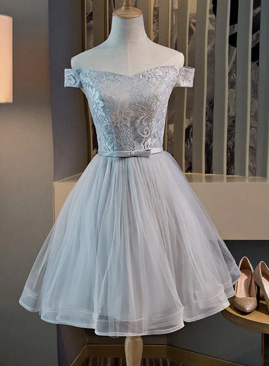 Cute Off The Shoulder Lace And Tulle Knee Length Party Dress, Homecoming Dress gh442