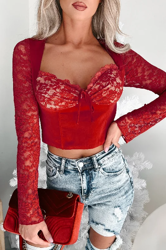 Leave You In Awe Lace Detail Long Sleeve Crop Top (Red)