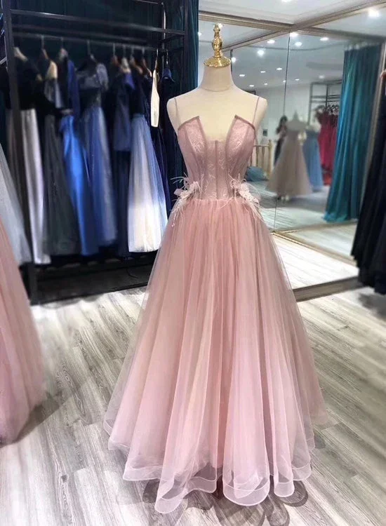 Charming Tulle Straps Long Formal Gown, Pink Elegant Party Dress gh2499