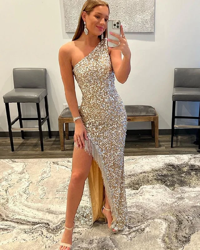 Gold gorgeous shiny fashion sexy one shoulder tassel beaded long prom dress evening gown party dress with side slits gh2482