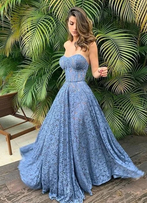 Blue Lace A-Line Strapless Long Prom Dress Party Dress gh2772