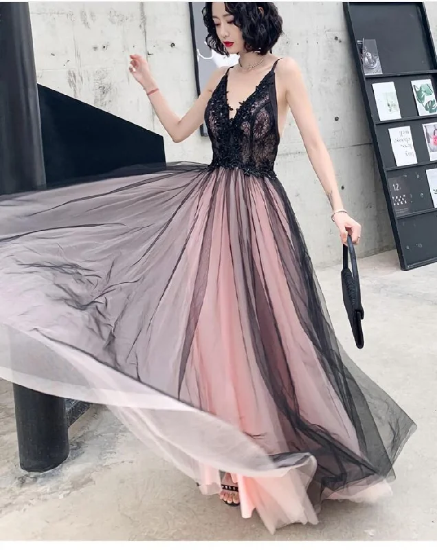 Fashionable Pink And Black Tulle V Neckline Party Prom Dress, Pink Lace Applique Evening Gown gh2623