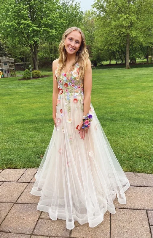 Floral Ivory A-Line Tulle Sleeveless Prom Dress Sweet Party Dress gh2886