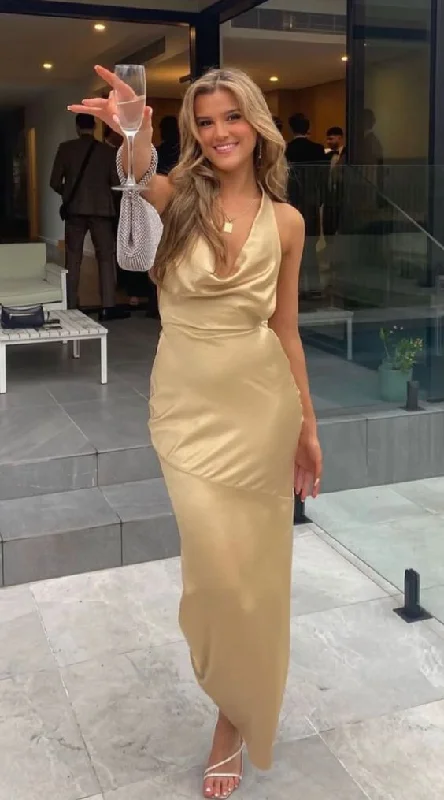 Champagne Gold Halter Backless Mermaid Long Party Dress  gh2909