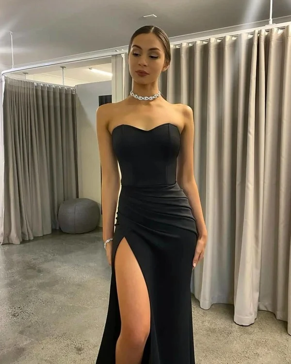 Glamorous Mermaid Sweetheart Black Satin Long Prom Dresses Sexy Evening Party Dresses with Side Slit  gh2437