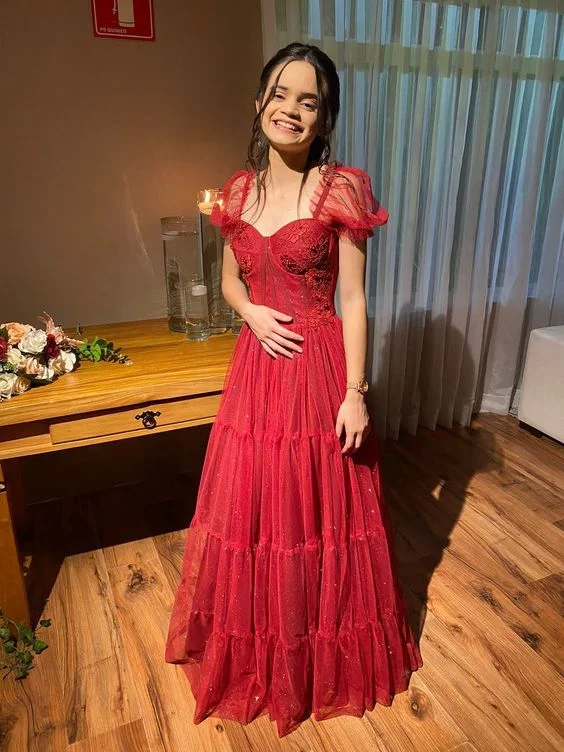 Red A Line Senior Prom Dress Tulle Evening Party Dress gh2827