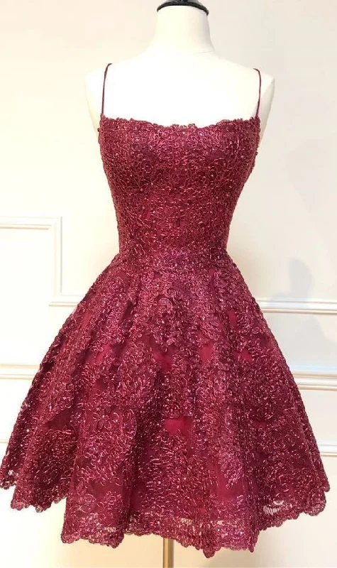 formal short homecoming dresses, spaghetti straps cocktail party dresses, burgundy lace homecoming dresses gh831