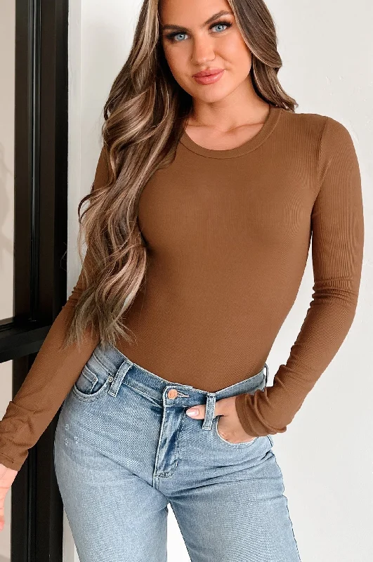 Simple Yet Practical Ribbed Long Sleeve Bodysuit (Toffee)