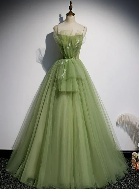 Lovely Green Tulle Prom Dress 2024, Long Green Evening Party Dresses Sweet 16 Dresses gh2575