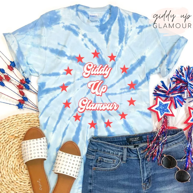 Giddy Up Glamour Tie Dye Graphic Logo Tee in Red and Blue