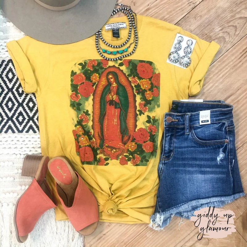 Lady of Guadalupe Floral Graphic Tee with Crystals in Mustard Yellow