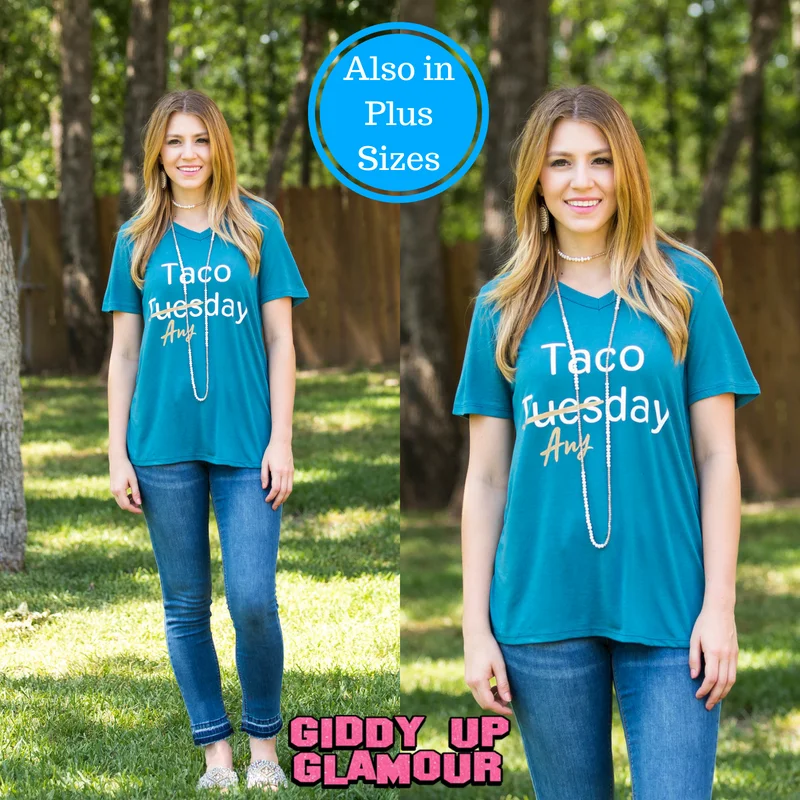 Last Chance Size Small | Taco Any Day Short Sleeve V-Neck Tee Shirt in Teal