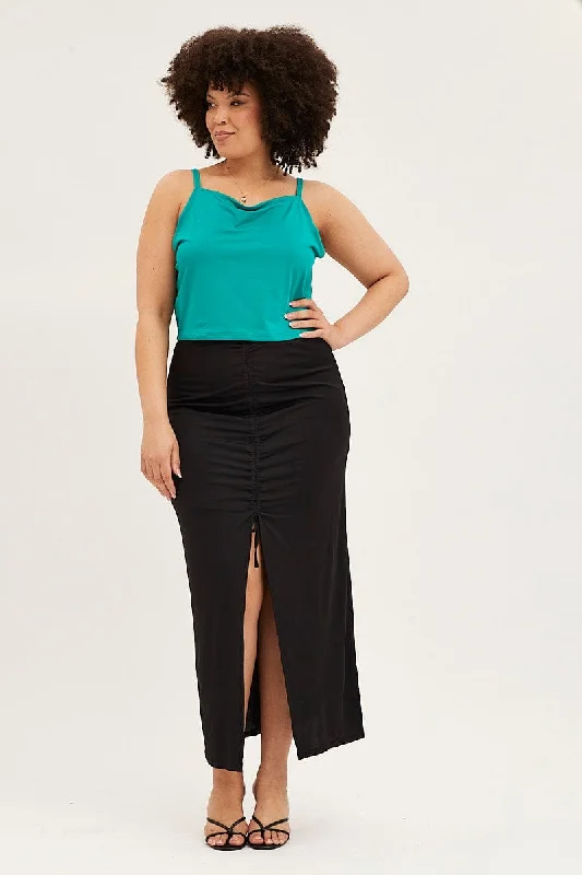 Black Drawstring Jersey Midi Skirt