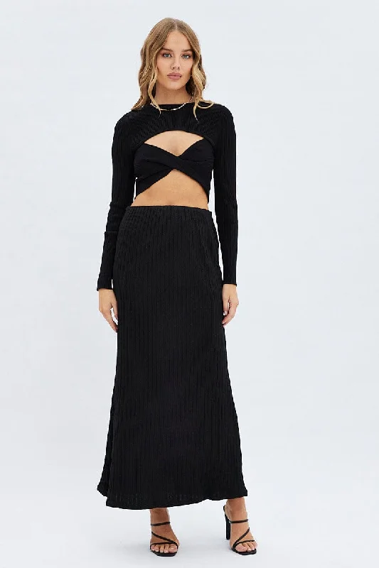 Black Maxi Skirt Mid Rise A-line Rib Jersey