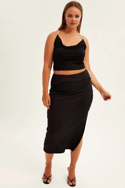 Black Midi Skirt High Rise Pencil Ribbed