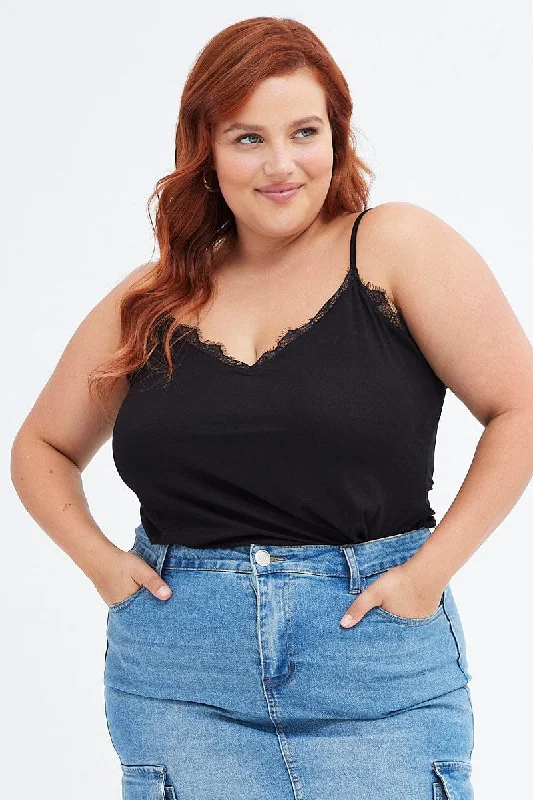 Black Singlet Top Lace Trim