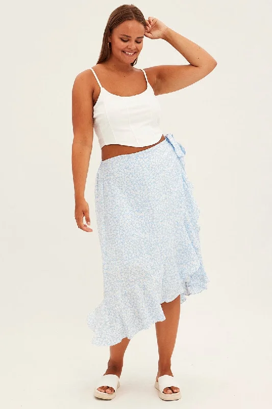 Blue Ditsy Wrap Skirt Midi Ruffle