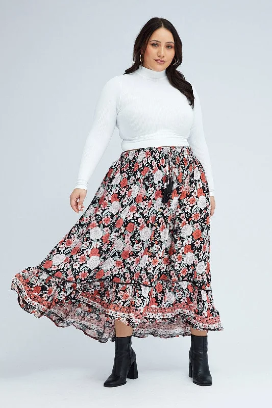 Boho Print Elastic Waist Frill Hem Midi Skirt