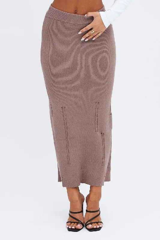 Brown Midi Skirt High Waisted A-line Ladder Knit