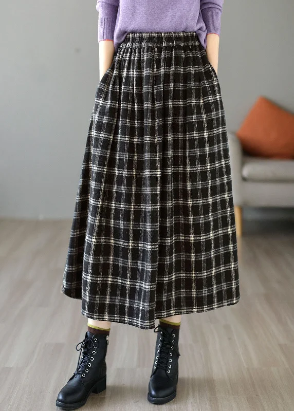 Chic Black Elastic Waist Plaid Cotton A Line Skirt Spring