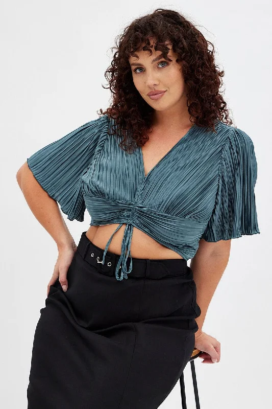 Green Crop Top Short Sleeve V-neck Ruched Front Plisse