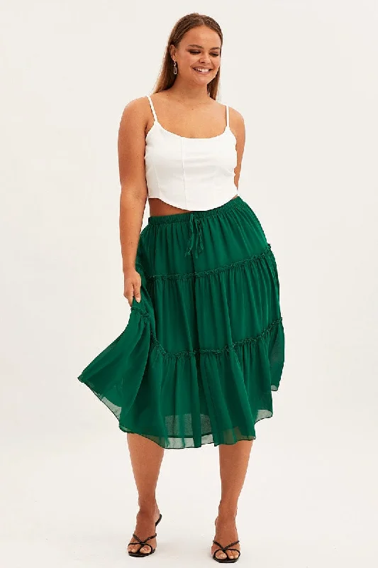 Green Midi Skirt Elastic Waist Chiffon Frill