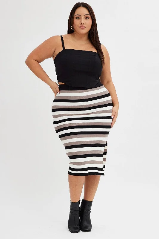 Multi Stripe Knit Skirt Midi Side Split