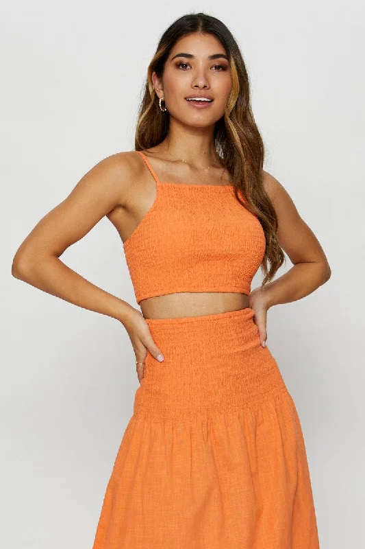 Orange Singlet Top Sleeveless Crop Square Neck