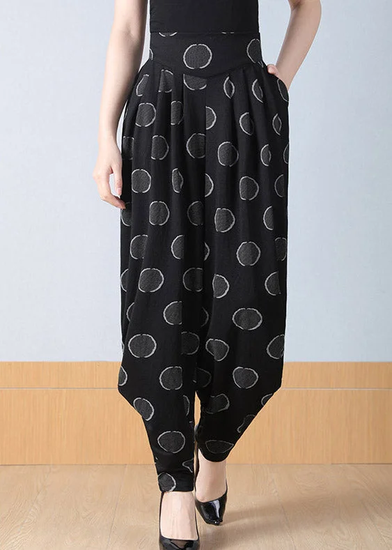 Casual Dot Print Pockets Wrinkled High Waist Harm Pants Spring