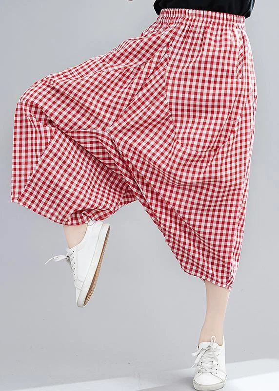 Casual Red Plaid Large Women's Elastic Waist Pants