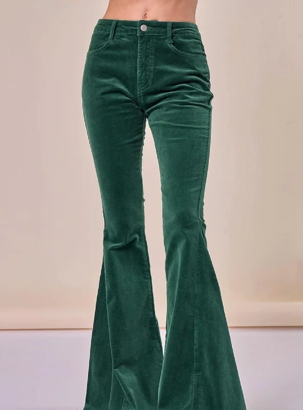 Women's Boho Lightweight Corduroy Bellbottom Pants In Green