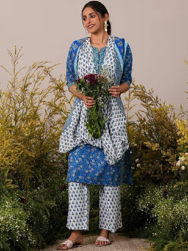 Blue Printed Cotton Straight Suit With Dupatta