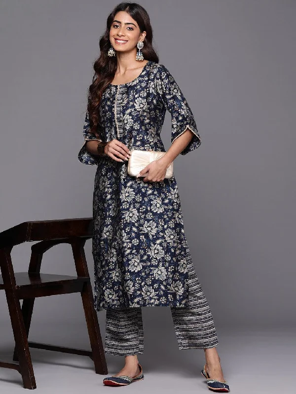 Blue Printed Silk Blend Straight Kurta Set