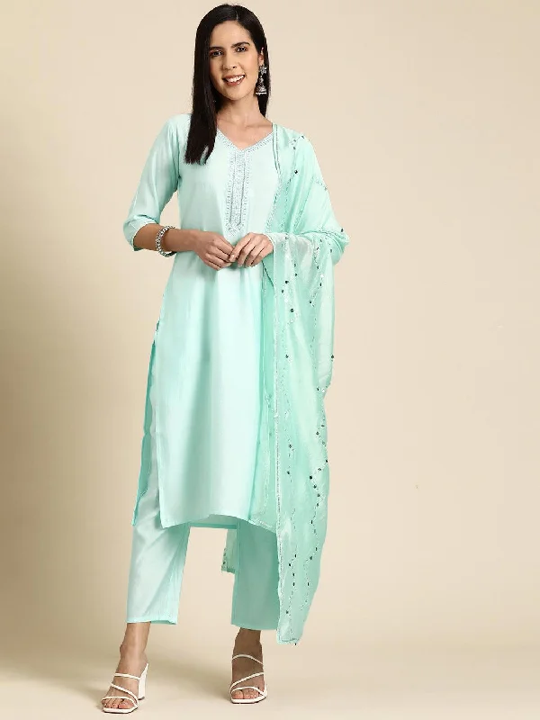 Blue Yoke Design Silk Blend Straight Suit With Dupatta