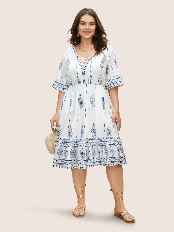 Boho Print Cross Straps Tassels Ruffles Dress