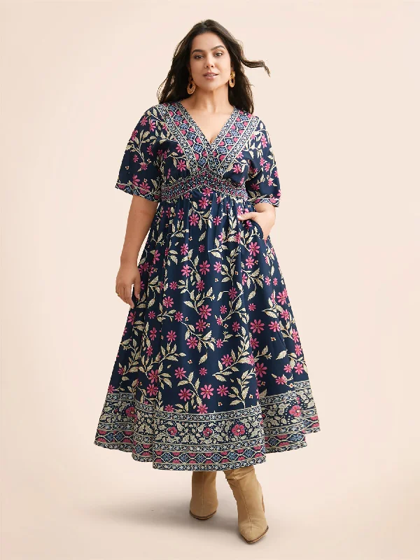 Boho Print Overlap Collar Shirred Dress