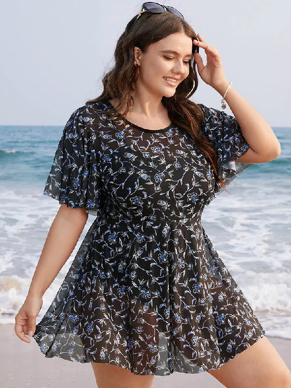 Ditsy Floral Ruffle Sleeve Cut Out Swim Dress