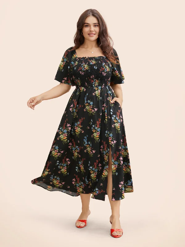 Ditsy Floral Shirred Split Hem Dress