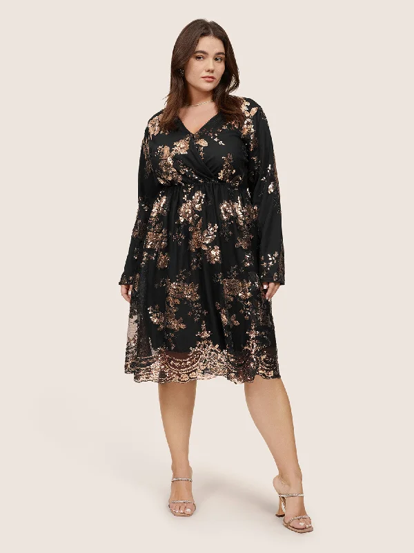 Floral Sequin Elastic Waist Mesh Wrap Dress