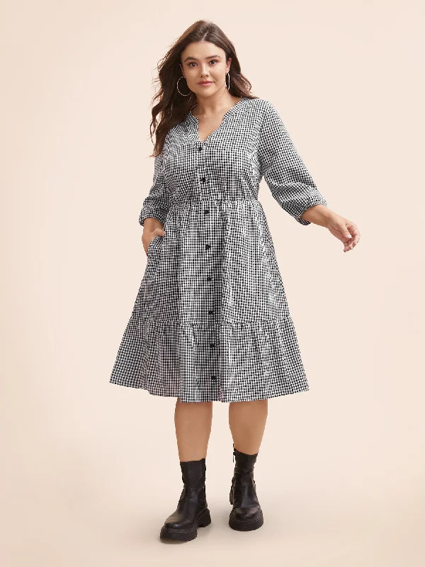 Gingham Notched Ruffle Hem Lantern Sleeve Dress