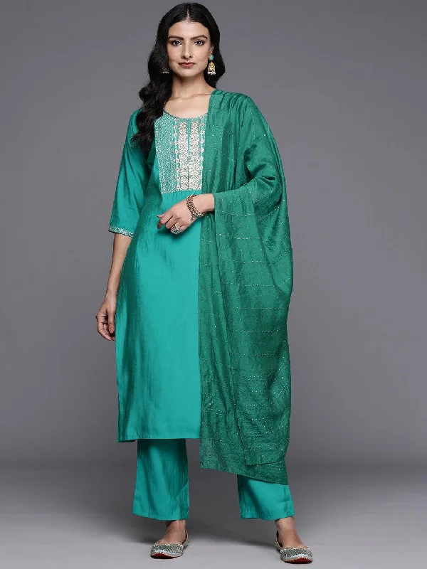 Green Yoke Design Silk Blend Straight Suit With Dupatta