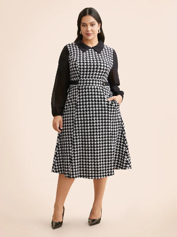 Houndstooth Contrast Patchwork Pocket Dress