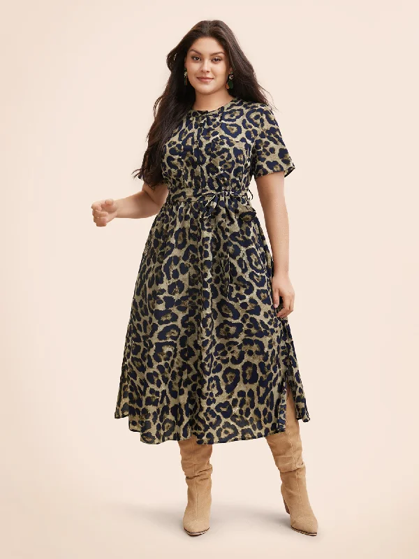 Leopard Print Slit Hem Belted Dress