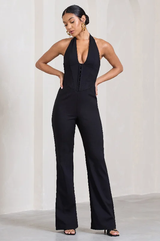 Margherita | Black Halter-Neck Corset Wide-Leg Jumpsuit