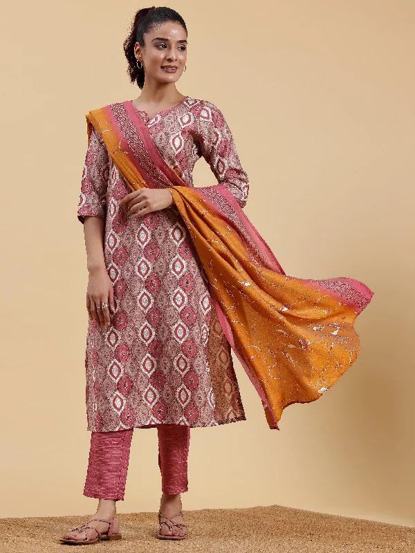 Mauve Printed Silk Blend Straight Suit With Dupatta