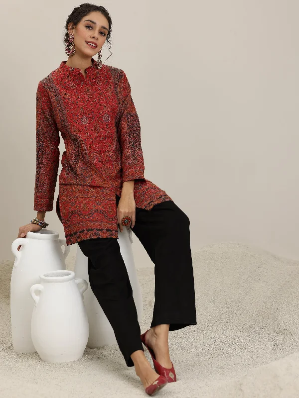 Multi Woven Design Wool Blend Straight Kurta With Palazzos