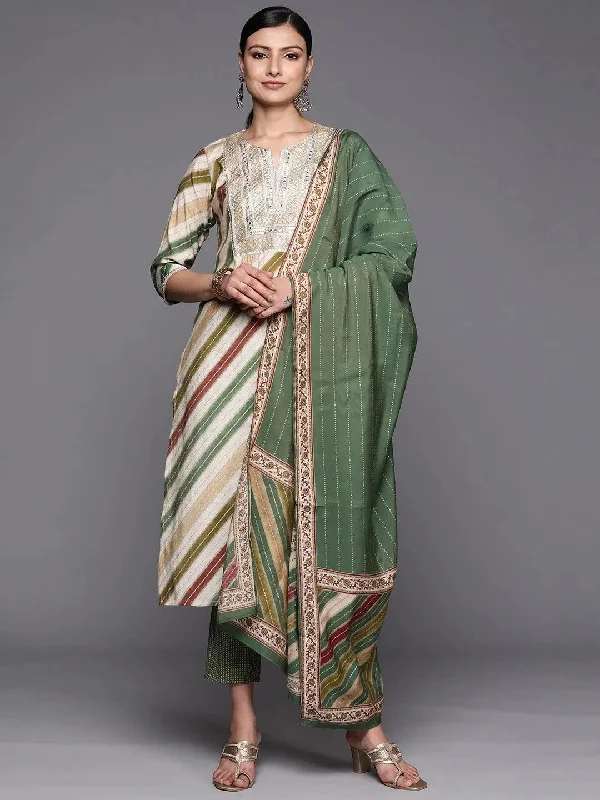 Multicoloured Yoke Design Silk Blend Straight Kurta With Trousers & Dupatta